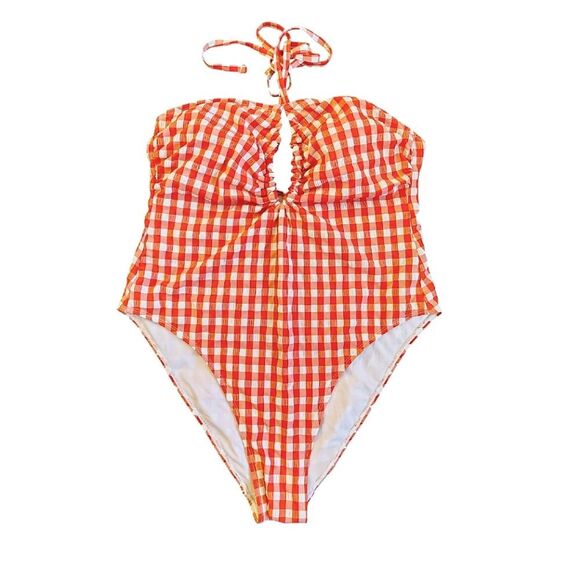 Wild Fable Red Gingham Halter Neck High Leg One Piece Swimsuit XL - Picture 3 of 16